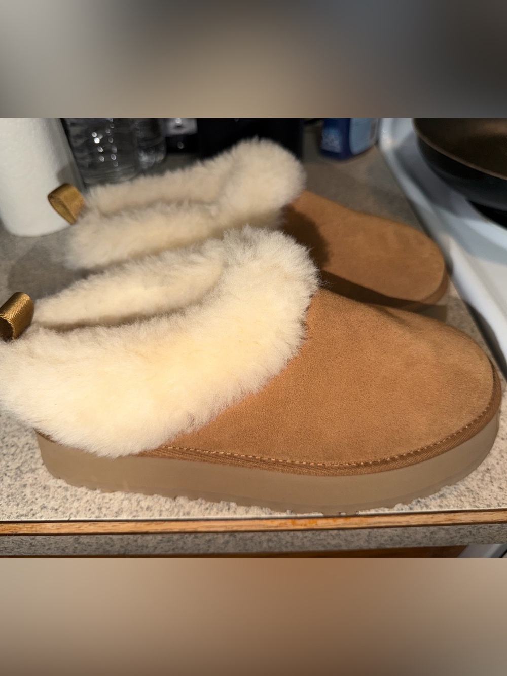 UGG Chestnut Suede Shearling Clog Slippers with Cream Fur Collar